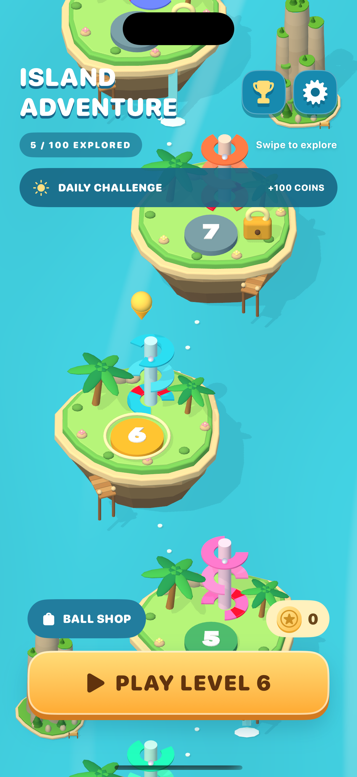 A winding island map with palm trees and colorful ring towers